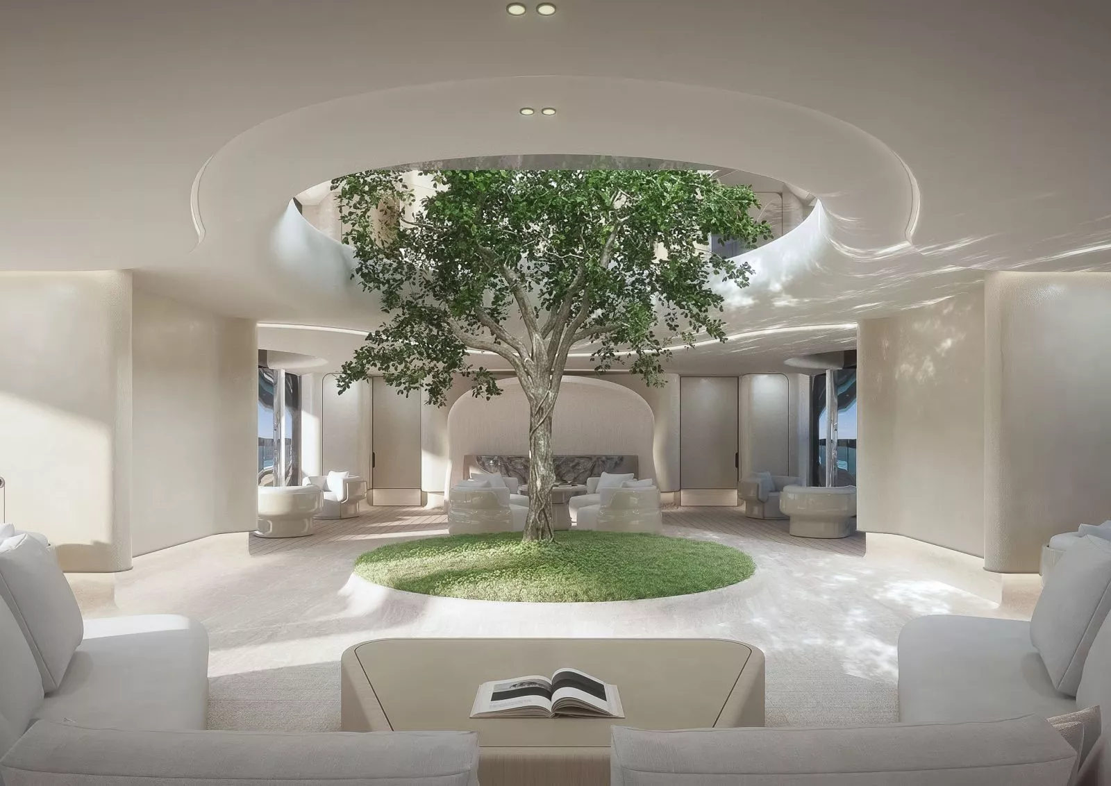 Живое дерево Ficus Nitida в интерьере суперъяхты Virtuosity на главной палубе